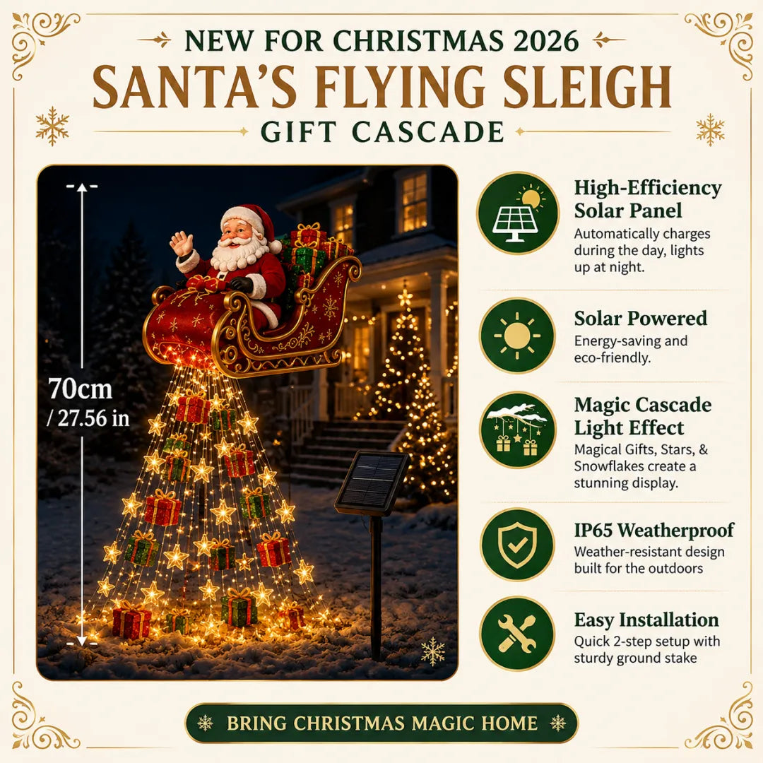 2026 New Santa’s Flying Sleigh Gift Cascade – Solar Christmas Garden Light