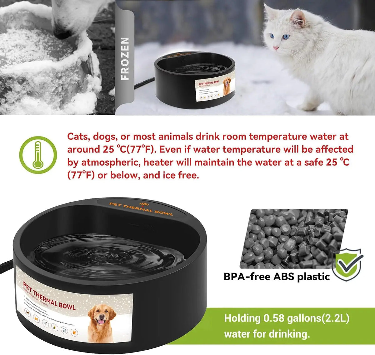 Outdoor Heated Water Bowl for Dogs Cats 2.2L Winter Heating