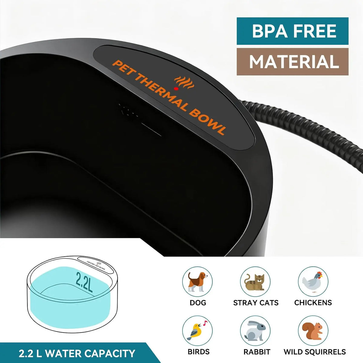 Outdoor Heated Water Bowl for Dogs Cats 2.2L Winter Heating