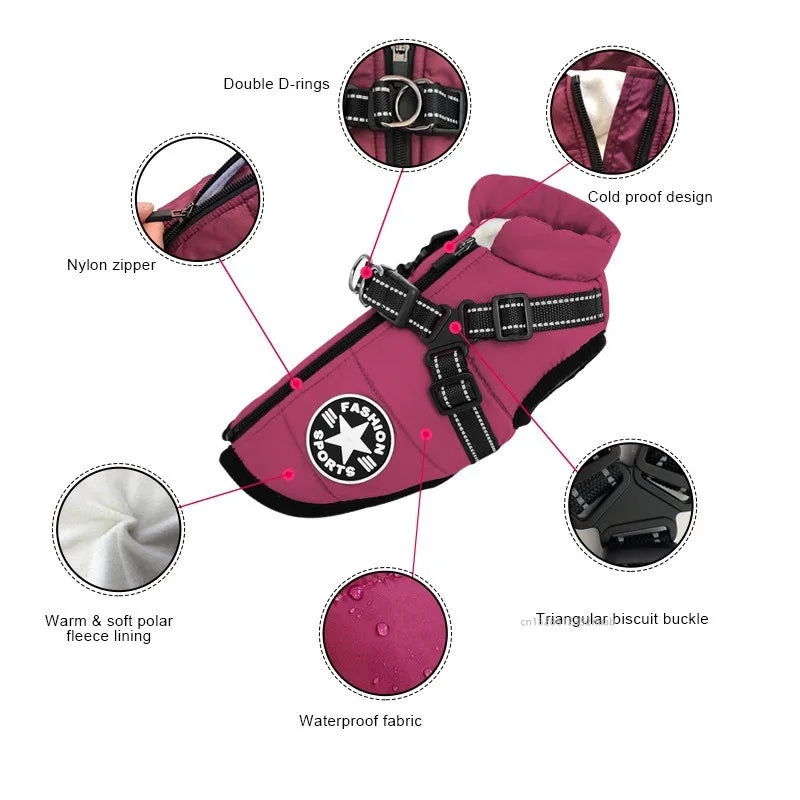 Winter Warm Pet Dog Jacket with Harness Waterproof